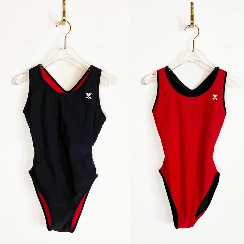 TYR Reversible One Piece Swimsuit Black Red Cut Out Back Womens size XXS/XS